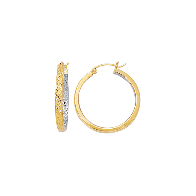 14K Yellow and White Gold 3x30mm Diamond Cut Hoop Earring