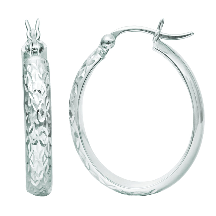14K White Gold Oval Diamond Cut Hoop Earring