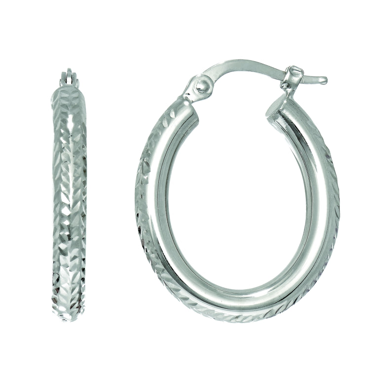 14K White Gold Oval Diamond Cut Hoop Earring