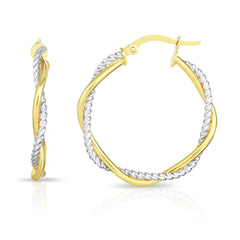 14K Yellow and White Gold Round Twist Hoop Earring