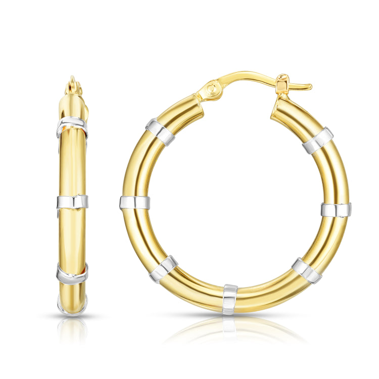 14K Yellow and White Gold Diamond Cut Station Hoop Earring