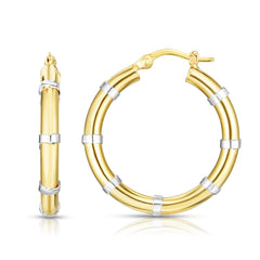 14K Yellow and White Gold Diamond Cut Station Hoop Earring