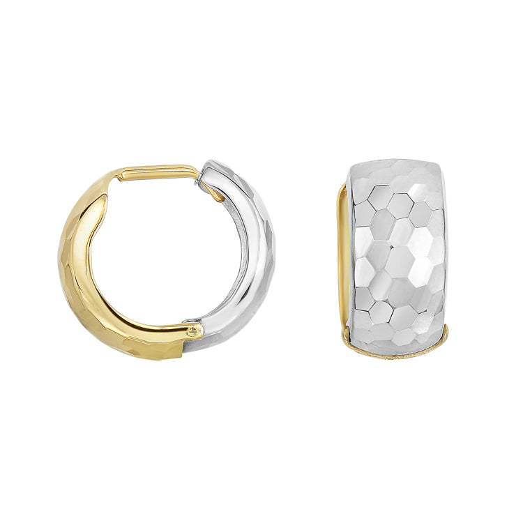 14K Yelllow & White Gold Reversible Hammered Huggie Earring