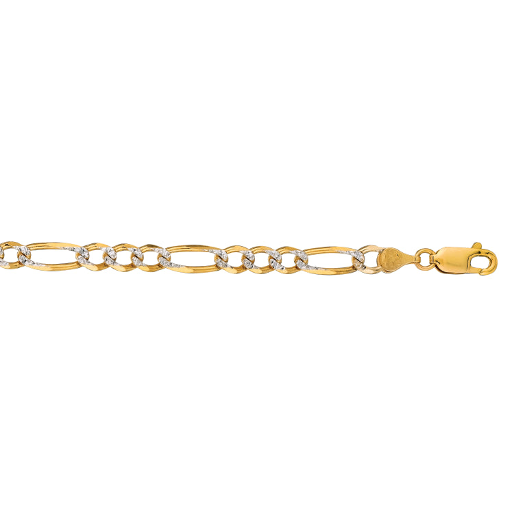 14K Yellow Gold 7mm White Pave Figaro 8.5 Chain Bracelet with Lobster Lock