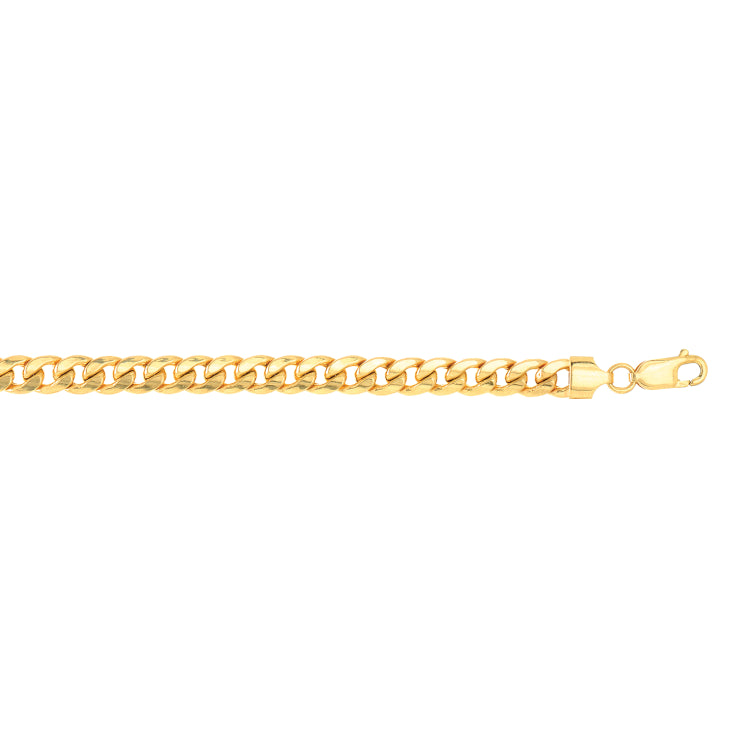 14K Yellow Gold 7mm Semi-Solid Miami Cuban 8.5 Chain Bracelet with Lobster Lock