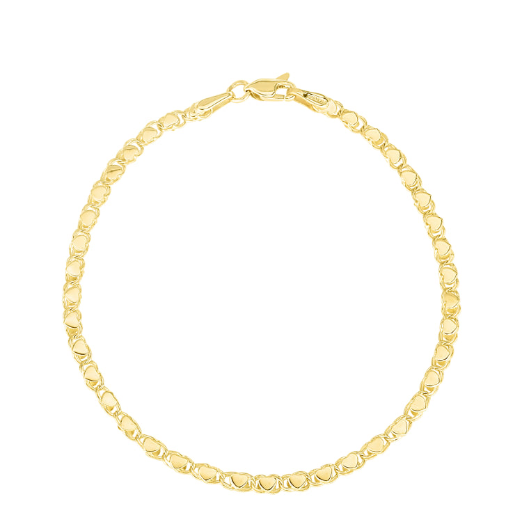 14K Yellow Gold 3mm Heart 7 Chain Bracelet with Lobster Lock