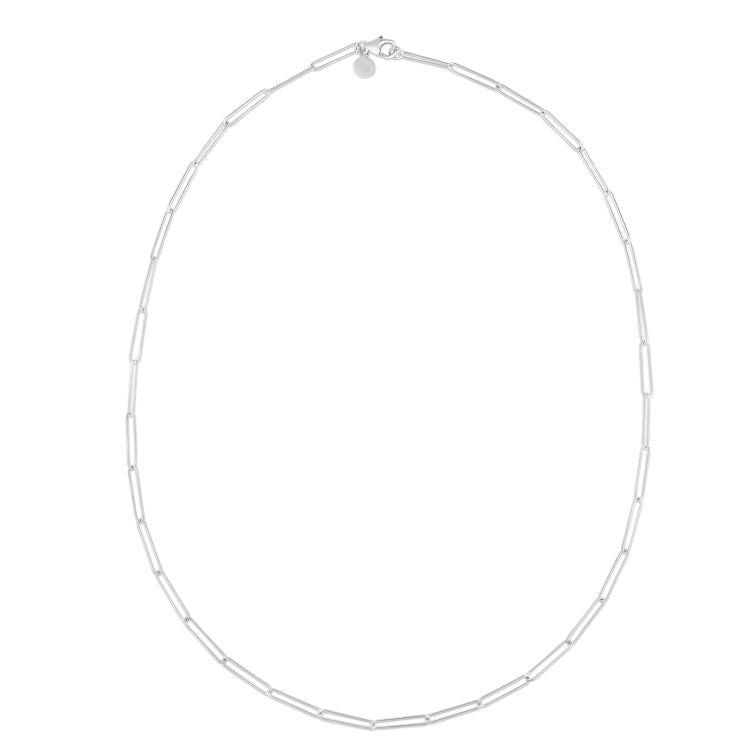 14K White Gold 18 Lungo Paperclip Chain Necklace with Pear Shaped Lobster Clasp.