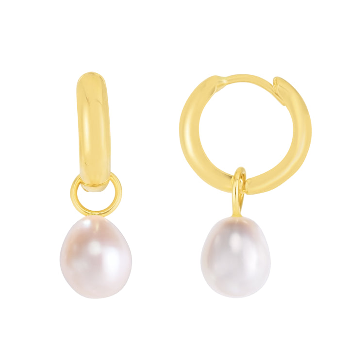 14K Yellow Gold Pearl Drop Huggie Earrings with Snap Clasp