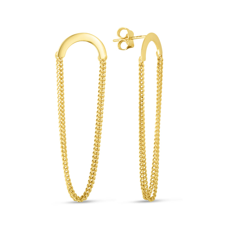 14K Yellow Gold Draped Chain Drop Screscent Earrings