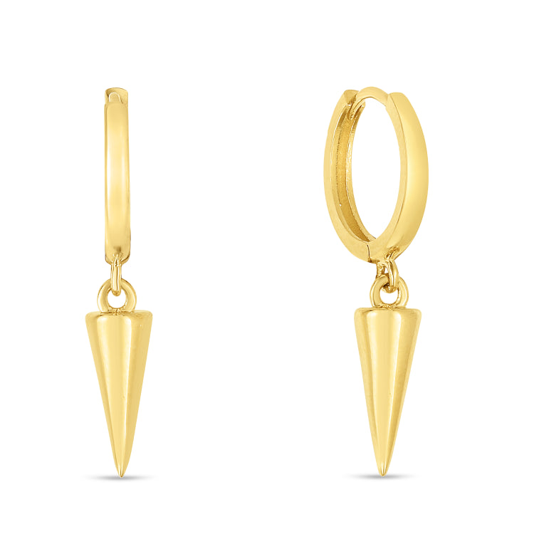 14K Yellow Gold Dangling Spike Drop Hoop Earrings
