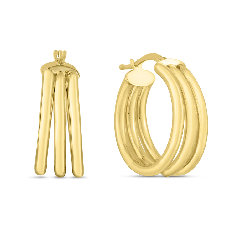 14K Yellow Gold 15mm Large Triple Row Hoops
