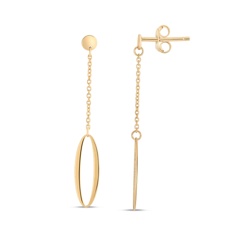 14K Yellow Gold Polished Single Oval Drop on a Chain Earrings with Push Back Clasp