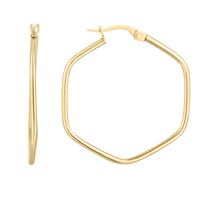 14K Yellow Gold Polished Rounded Edges Hexagon Hoop with Hinged Clasp