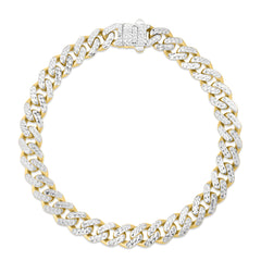 14K Yellow Gold 8mm White Pave Lite Miami Cuban 8.25 Chain Bracelet with Box (Both Side Push) Clasp.