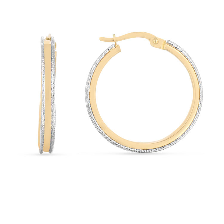 14K Two-tone Gold Polished and Diamond Cut Round Hoop Earrings with Hinged Clasp