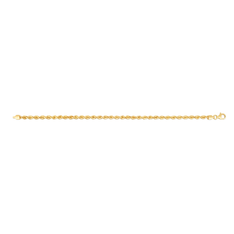 14K Yellow Gold 3mm Silk Rope 7 Chain Bracelet with Lobster Clasp