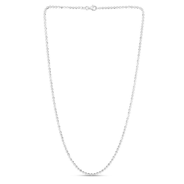 Sterling Silver 2.5mm Moon-cut Bead 18 Chain with Lobster Clasp. Item has rhodium finish.