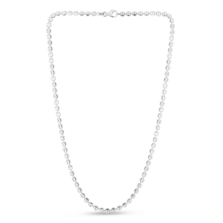 Sterling Silver 4mm Moon-cut Bead 18 Chain with Lobster Clasp. Item has rhodium finish.