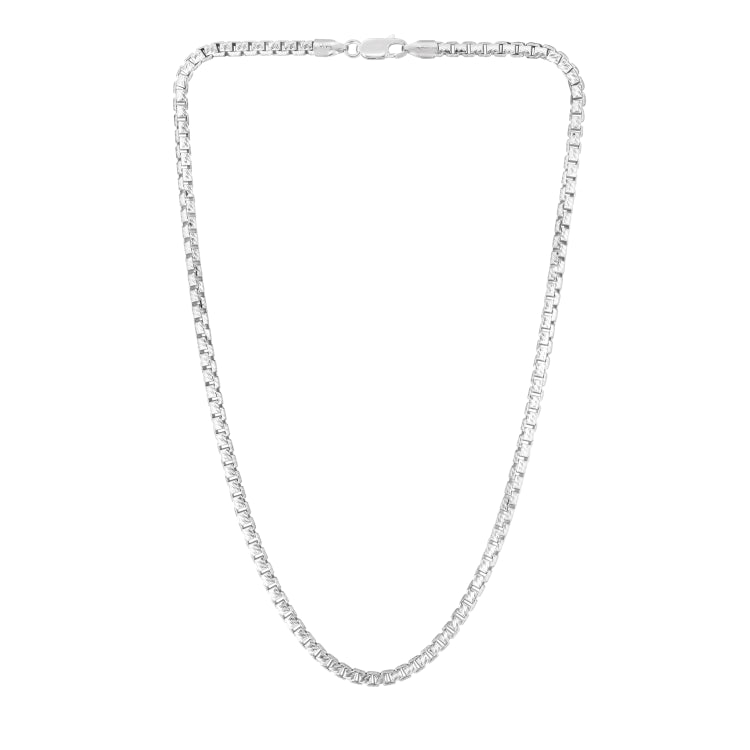 Sterling Silver 3.9mm Rockstar Cut Round Box 18 Chain with Lobster Clasp. Item has rhodium finish.