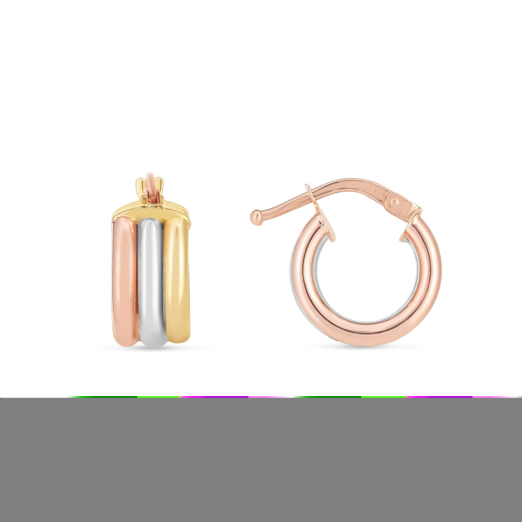14K Tricolor Trilogy Triple Tube Hoops with Hinged Clasp