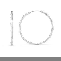 Silver Polished Bamboo Hoop Earrings with Endless Clasp. Rhodium Plated.
