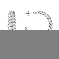 Silver Polished Large Ribbed Hoops Earrings with Push Back Clasp. Rhodium Plated.