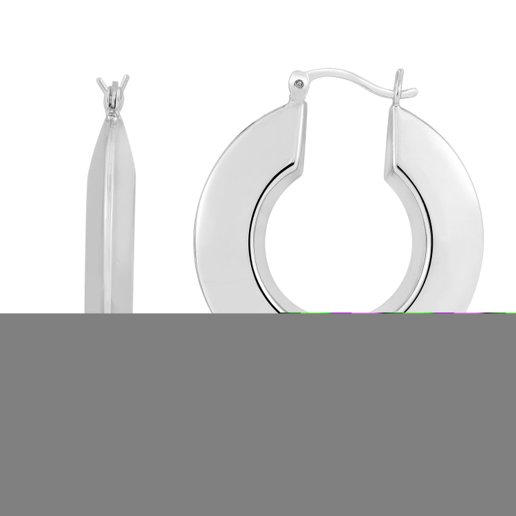 Silver Large Polished Puffed Round Hoops with Hinged Clasp. Rhodium Plated.