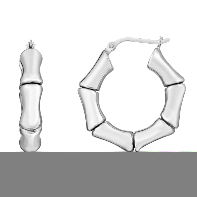 Silver Thick Polished Bamboo Hoop Earrings with Hinged Clasp. Rhodium Plated.