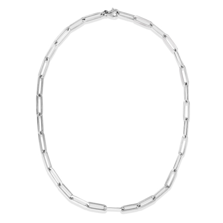 Silver 24 4.15mm Polished Flat Paperclip Chain Necklace with Pear Shaped Lobster Clasp. Rhodium Plated.