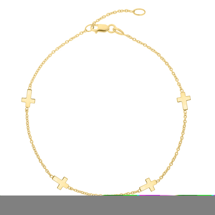 10K Yellow Gold Polished Sideways Cross 10 Anklet with Lobster Clasp. Jump ring at 9