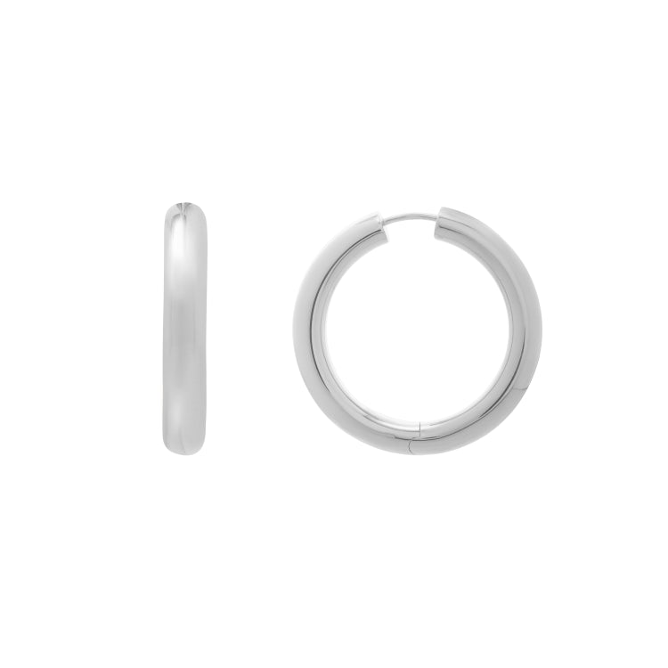 Sterling Silver Round Hoop Earrings with Snap Clasp. Item has rhodium finish.