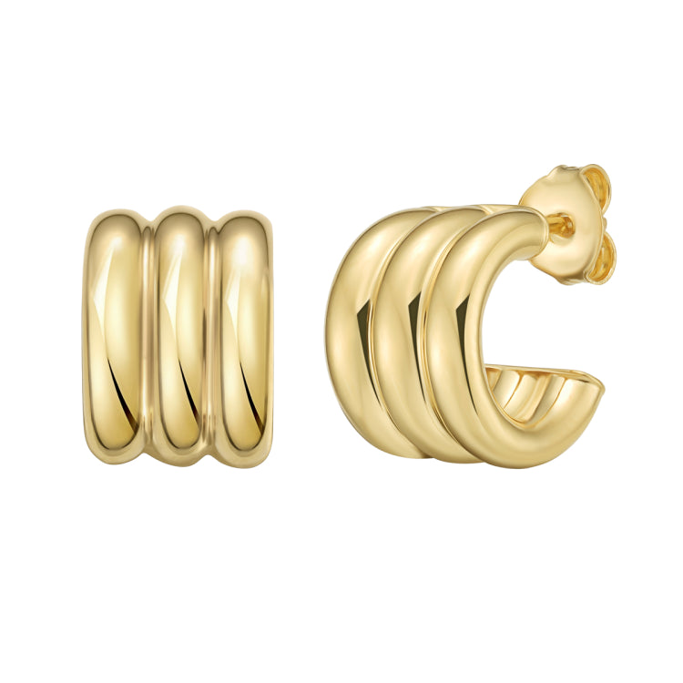 Sterling Silver (Yellow Gold Plated) Triple Row C-Hoop Earring with Push Back Clasp