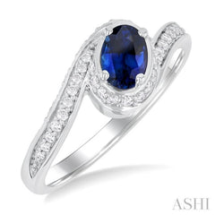 6X4 MM Sapphire Oval Cut and 1/4 Ctw Bypass Round Cut Diamond Precious Ring in 10K White Gold