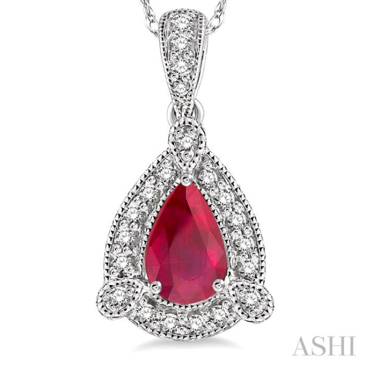 6x4 MM Pear Shape Ruby and 1/10 Ctw Round Cut Diamond Pendant in 14K White Gold with Chain