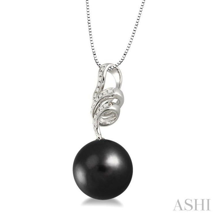 10 MM Black Cultured Pearl and 1/8 Ctw Round Cut Diamond Pendant in 14K White Gold with Chain
