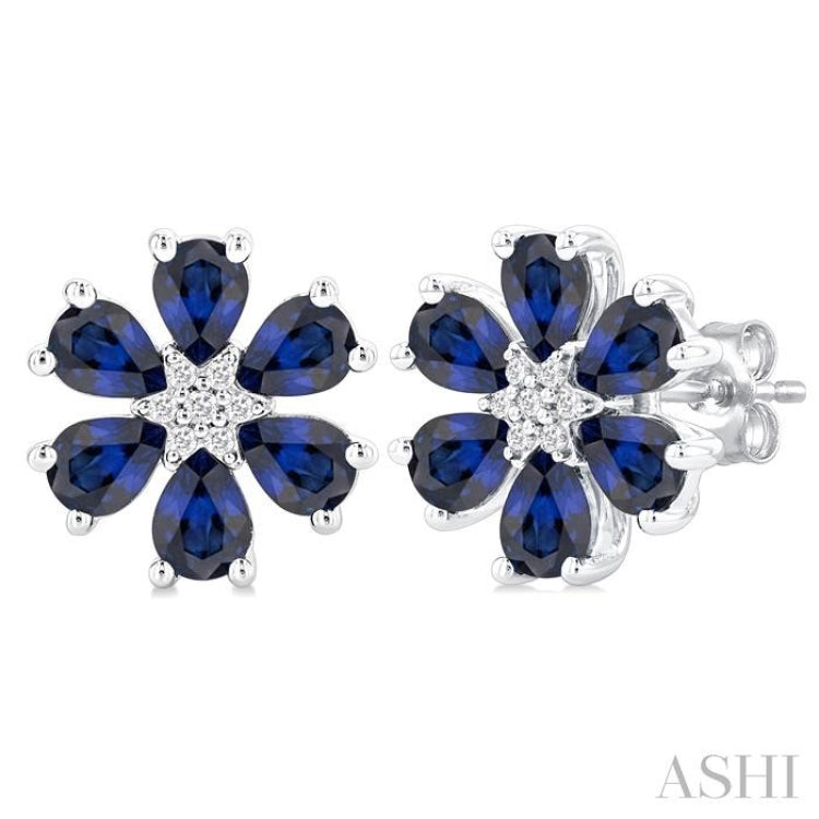 4X3 MM Floral Blossom Pear Cut Sapphire and 1/20 Ctw Round Cut Diamond Precious Stud Earring in 14K White Gold