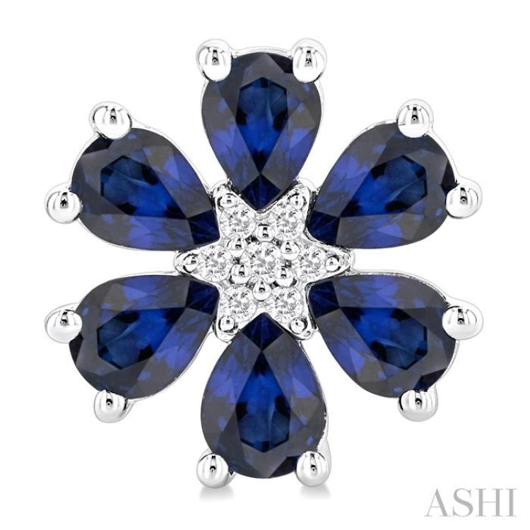 4X3 MM Floral Blossom Pear Cut Sapphire and 1/20 Ctw Round Cut Diamond Precious Stud Earring in 14K White Gold