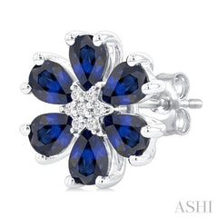 4X3 MM Floral Blossom Pear Cut Sapphire and 1/20 Ctw Round Cut Diamond Precious Stud Earring in 14K White Gold