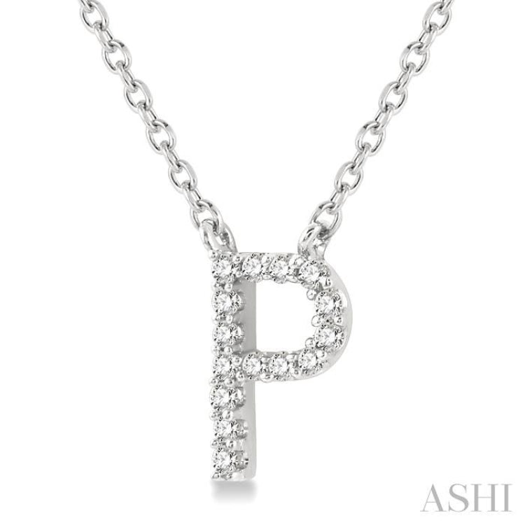 1/20 Ctw Initial 'P' Round Cut Diamond Pendant With Chain in 10K White Gold