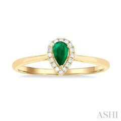 5x3 MM Pear Shape Emerald and 1/20 Ctw Single Cut Diamond Halo Precious Ring in 10K Yellow Gold