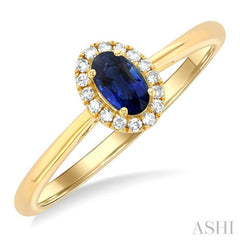 5x3 MM Oval Shape Sapphire and 1/20 Ctw Single Cut Diamond Halo Precious Ring in 10K Yellow Gold
