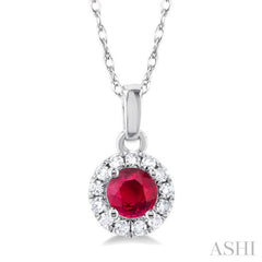 3.25 MM Round Ruby and 1/20 Ctw Single Cut Diamond Halo Precious Pendant with Chain in 10K White Gold