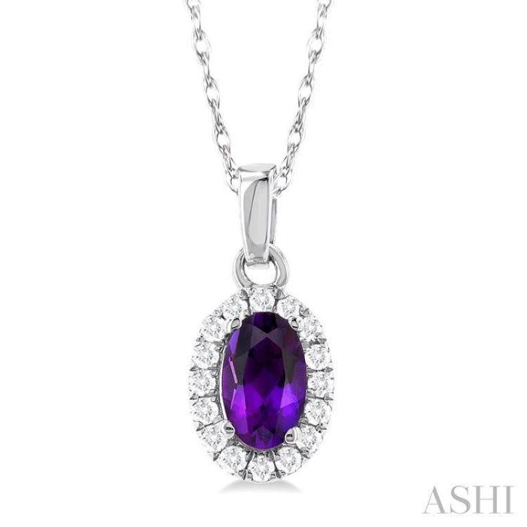 5x3 MM Oval Shape Amethyst and 1/20 Ctw Single Cut Diamond Halo Semi-Precious Pendant with Chain in 10K White Gold
