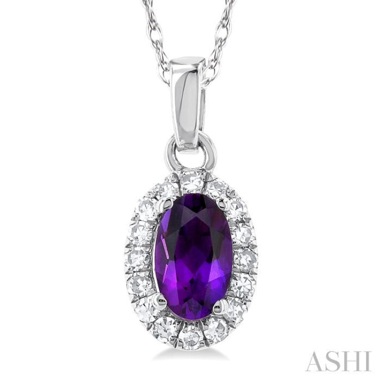 5x3 MM Oval Shape Amethyst and 1/20 Ctw Single Cut Diamond Halo Semi-Precious Pendant with Chain in 10K White Gold