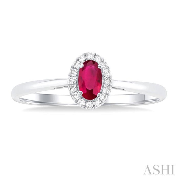 5x3 MM Oval Shape Ruby and 1/20 Ctw Round Cut Diamond Halo Precious Ring in 14K White Gold