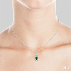 5x3 MM Oval Shape Emerald and 1/20 Ctw Single Cut Diamond Halo Precious Pendant with Chain in 10K White Gold