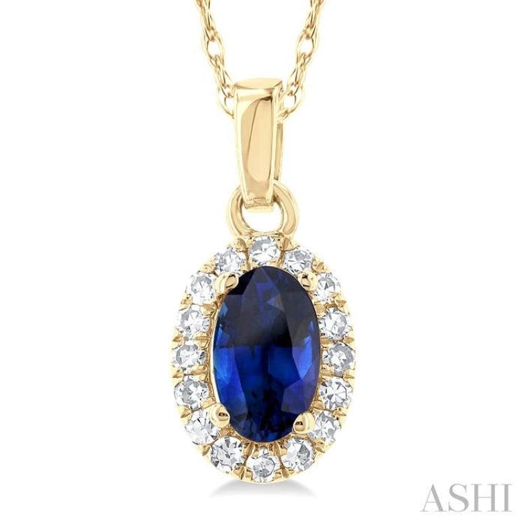5x3 MM Oval Shape Sapphire and 1/20 Ctw Single Cut Diamond Halo Precious Pendant with Chain in 10K Yellow Gold