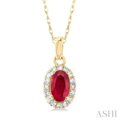 5x3 MM Oval Shape Ruby and 1/20 Ctw Single Cut Diamond Halo Precious Pendant with Chain in 10K Yellow Gold