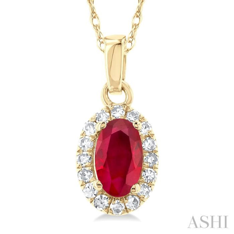 5x3 MM Oval Shape Ruby and 1/20 Ctw Single Cut Diamond Halo Precious Pendant with Chain in 10K Yellow Gold