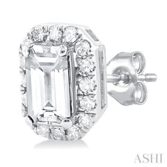 5x3 MM Octagonal Shape White Topaz and 1/8 Ctw Single Cut Diamond Halo Semi-Precious Stud Earrings in 10K White Gold